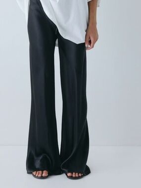 Victoria's Secret Black Satin Wide-Leg Pants with Side Stripe & Pockets
